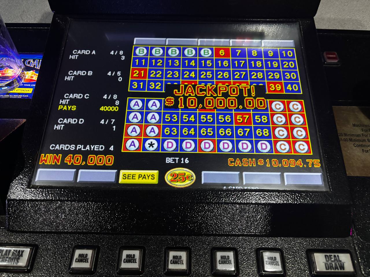 A $10,000 jackpot displayed on a Stake Out gaming machine
